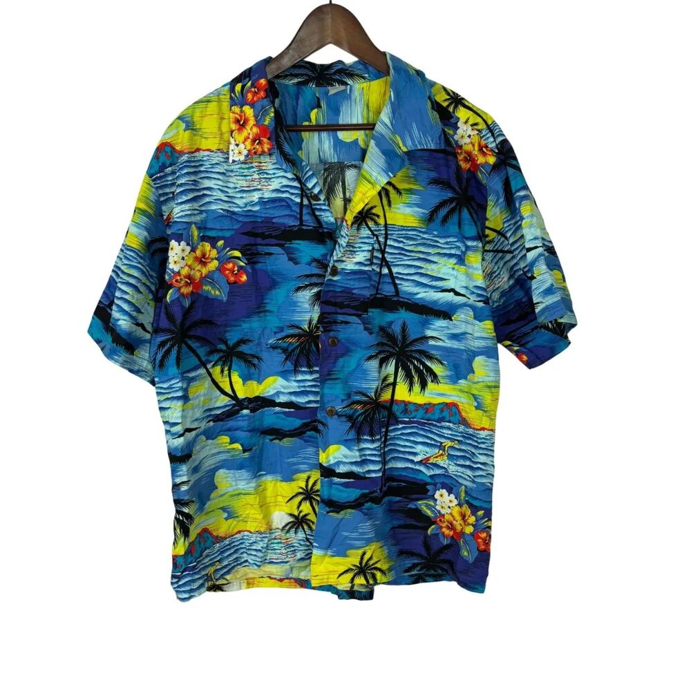 Palmwave Hawaiian Shirt Mens XL Blue Tropical Surfing Palm Beach Button Up S/S
